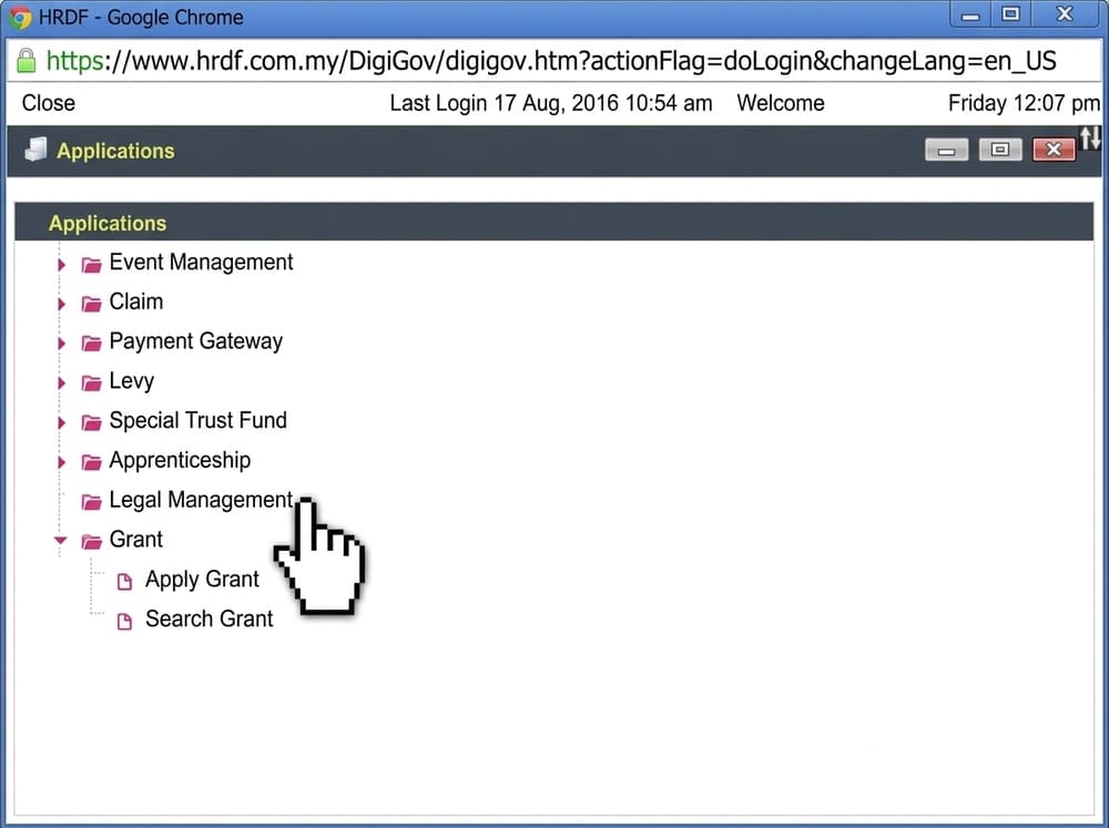 HRDF DigiGov dashboard showing the Grant menu expanded with the Apply Grant option selected for training grant application